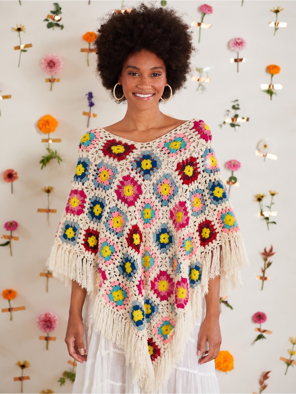 Boho Crochet Floral Fringe Poncho - Cream with Multicolor Flowers